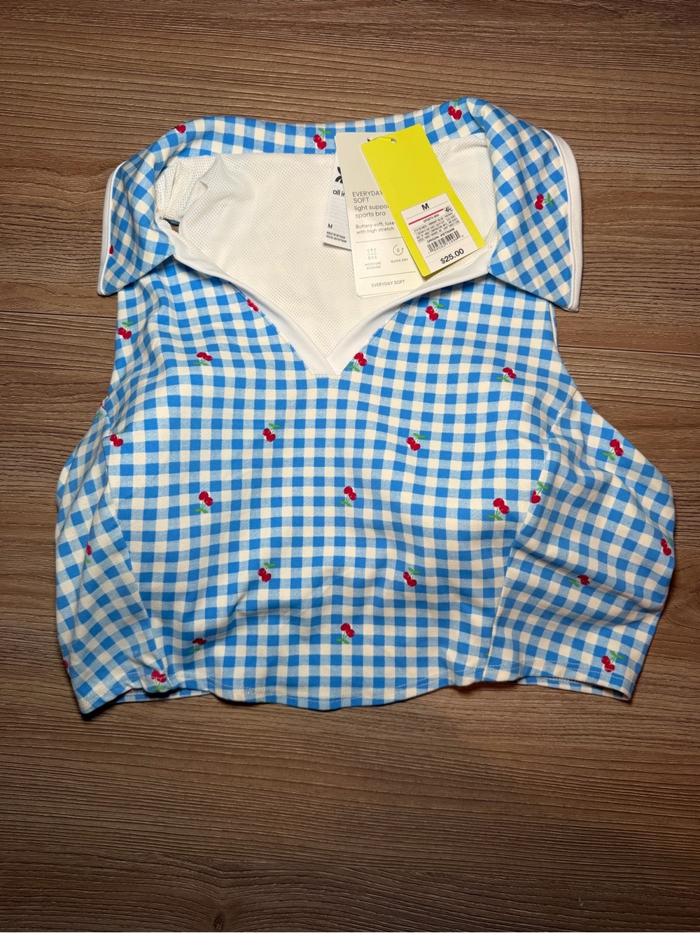 Blue Gingham Cherry Print Womens athletic Polo Top